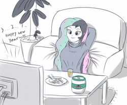 Size: 3543x2952 | Tagged: safe, artist:sumin6301, princess celestia, principal celestia, equestria girls, alcohol, beer, female, fork, happy new year, holiday, humanized, new year, plant, sofa, solo, table, television