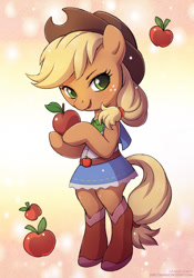 Size: 595x850 | Tagged: safe, artist:lindsay cibos, applejack, earth pony, pony, semi-anthro, apple, bipedal, chibi, clothes, cute, equestria girls outfit, food, hoof hold, jackabetes, lidded eyes, looking at you, open mouth, smiling, solo