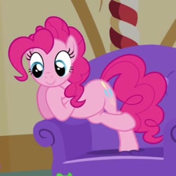 Size: 784x784 | Tagged: safe, screencap, pinkie pie, pony, just for sidekicks, chair, cropped, cute, solo