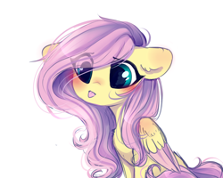 Size: 2500x2000 | Tagged: safe, artist:whiteliar, fluttershy, pegasus, pony, :p, blushing, chest fluff, colored wings, cute, ear fluff, eye clipping through hair, floppy ears, folded wings, looking at something, looking away, shyabetes, simple background, sitting, solo, tongue out, two toned wings, white background