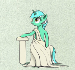Size: 732x688 | Tagged: safe, artist:el-yeguero, lyra heartstrings, pony, unicorn, bipedal, clothes, column, female, looking up, mare, robe, smiling, solo, toga