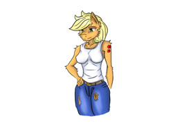 Size: 1024x768 | Tagged: safe, artist:nwinter3, applejack, anthro, clothes, pants, simple background, solo, tanktop