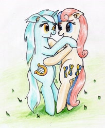 Size: 1769x2168 | Tagged: safe, artist:40kponyguy, derpibooru exclusive, bon bon, lyra heartstrings, sweetie drops, earth pony, pony, unicorn, bipedal, ear fluff, female, floppy ears, grass, lesbian, looking at each other, lyrabon, shipping, traditional art