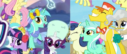 Size: 1125x480 | Tagged: safe, screencap, bon bon, carrot cake, fluttershy, lyra heartstrings, mayor mare, rarity, sweetie drops, twilight sparkle, earth pony, pegasus, pony, unicorn, the cutie re-mark, bow, gameloft, ribbon