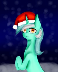 Size: 1280x1584 | Tagged: safe, artist:ponywithautname, lyra heartstrings, pony, unicorn, christmas, colored pupils, female, hat, holiday, looking at you, mare, rearing, santa hat, snow, solo