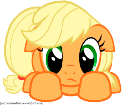Size: 1280x1085 | Tagged: safe, artist:justisanimation, applejack, earth pony, pony, animated, applecat, behaving like a cat, blinking, cute, ear twitch, female, floppy ears, frown, hatless, jackabetes, mare, missing accessory, prone, sad, scared, simple background, solo, white background