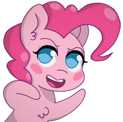 Size: 1172x1168 | Tagged: safe, artist:omegaozone, pinkie pie, earth pony, pony, blush sticker, blushing, chest fluff, chibi, ear fluff, female, looking at you, mare, no pupils, simple background, solo, transparent background