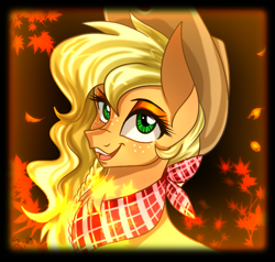 Size: 700x666 | Tagged: safe, artist:derpsonhooves, applejack, earth pony, pony, bandana, leaves, solo