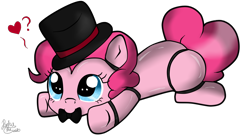 Size: 1300x700 | Tagged: safe, artist:pinkiepie6680, pinkie pie, pony, bowtie, crossover, five nights at freddy's, hat, heart, nom, prone, simple background, solo, top hat, transparent background