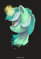 Size: 4169x5906 | Tagged: safe, artist:loonya, lyra heartstrings, pony, unicorn, absurd resolution, black background, bust, curved horn, dark background, female, glowing horn, magic, mare, portrait, profile, simple background, smiling, solo