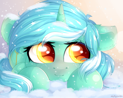 Size: 2000x1600 | Tagged: safe, artist:mitralexa, lyra heartstrings, pony, unicorn, cute, female, lyrabetes, mare, prone, smiling, snow, solo, weapons-grade cute