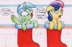 Size: 3460x2285 | Tagged: safe, artist:bbqninja501st, bon bon, lyra heartstrings, sweetie drops, earth pony, pony, unicorn, bon bon is not amused, christmas, christmas stocking, dialogue, duo, female, holiday, mare, speech bubble, traditional art, unamused