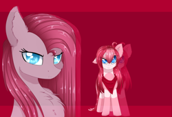 Size: 1024x700 | Tagged: safe, artist:little-sketches, pinkie pie, oc, oc:amai, earth pony, pony, bandana, duo, female, mare, pinkamena diane pie