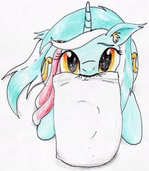 Size: 1811x2075 | Tagged: safe, artist:40kponyguy, derpibooru exclusive, lyra heartstrings, unicorn, blanket, both cutie marks, cute, ear fluff, floppy ears, looking at you, looking up, lyrabetes, mouth hold, pillow, simple background, solo, traditional art, white background