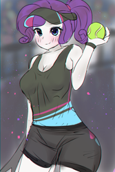 Size: 3176x4760 | Tagged: safe, artist:choyamy, rarity, equestria girls, anime, blushing, breasts, cleavage, clothes, cute, female, high res, raribetes, solo, sports, sports outfit, sports shorts, tanktop, tennis, tennis ball