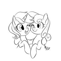 Size: 1500x1500 | Tagged: safe, artist:sapphirescarletta, bon bon, lyra heartstrings, sweetie drops, earth pony, pony, unicorn, black and white, cheek squish, duo, female, grayscale, hug, lesbian, looking at each other, lyrabon, mare, monochrome, one eye closed, shipping, sketch, smiling, squishy cheeks