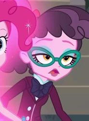 Size: 529x719 | Tagged: safe, screencap, pinkie pie, varsity trim, equestria girls, friendship games, clothes, cropped, crystal prep academy uniform, glasses, school uniform