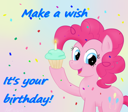 Size: 800x700 | Tagged: safe, artist:veggiefangirl, pinkie pie, earth pony, pony, candle, cupcake, food, happy birthday, hoof hold, solo