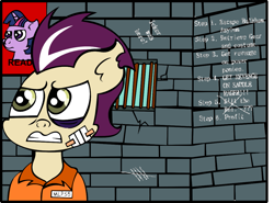 Size: 1125x833 | Tagged: safe, artist:lordcurly972, derpibooru import, high heel, twilight sparkle, bandage, black eye, clothes, jail, prison outfit