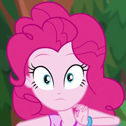 Size: 450x450 | Tagged: safe, edit, edited screencap, screencap, pinkie pie, equestria girls, legend of everfree, cropped, inverted mouth, solo