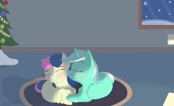 Size: 3038x1844 | Tagged: safe, artist:megaanimationfan, bon bon, lyra heartstrings, sweetie drops, earth pony, pony, unicorn, blushing, christmas, christmas tree, crossed hooves, eyes closed, female, fireplace, holiday, kiss on the cheek, kissing, lesbian, lyrabon, mare, night, nose wrinkle, prone, rug, shipping, signature, smiling, snow, tree, window