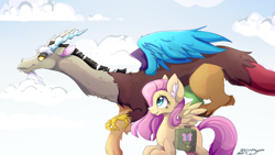 Size: 1024x576 | Tagged: safe, artist:artistofthegeeks, discord, fluttershy, pegasus, pony, ear fluff, flying, looking at each other, spread wings, wings