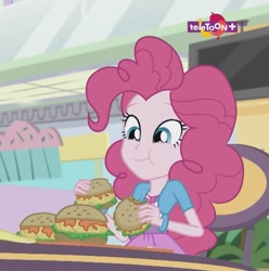 Size: 629x633 | Tagged: safe, screencap, pinkie pie, equestria girls, mirror magic, spoiler:eqg specials, burger, cropped, cupcake, cute, food, oat burger, oats, smiling, solo, teletoon, that human sure does love burgers