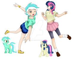 Size: 1024x827 | Tagged: safe, artist:magico-enma, bon bon, lyra heartstrings, sweetie drops, earth pony, human, pony, unicorn, adorabon, clothes, compression shorts, cute, female, human ponidox, humanized, light skin, lyrabetes, mare, midriff, moe, one eye closed, pleated skirt, self ponidox, shoes, short shirt, shorts, simple background, skirt, smiling, socks, watermark, white background, wink