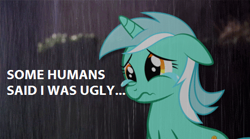 Size: 492x274 | Tagged: safe, lyra heartstrings, pony, unicorn, bronybait, crying, rain, sad, solo