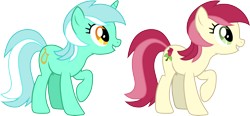 Size: 6441x3000 | Tagged: safe, artist:cloudyglow, artist:parclytaxel, lyra heartstrings, roseluck, earth pony, pony, unicorn, the super speedy cider squeezy 6000, .ai available, absurd resolution, female, mare, raised hoof, recolor, simple background, smiling, transparent background, vector