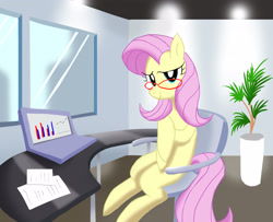 Size: 2543x2063 | Tagged: safe, artist:neoshrek, fluttershy, pegasus, pony, chair, computer, cute, glasses, high res, laptop computer, office, plant, shyabetes, solo