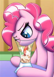 Size: 4500x6450 | Tagged: safe, artist:t.f.a.n.c.s., pinkie pie, earth pony, pony, absurd resolution, cup, female, glass, licking, mare, milkshake, one eye closed, silly, silly pony, solo, tongue out