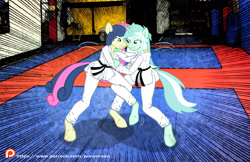 Size: 3714x2401 | Tagged: safe, artist:ponymaan, bon bon, lyra heartstrings, sweetie drops, anthro, unguligrade anthro, cleavage, duo, duo female, female, fight, judo, patreon, patreon logo, sports, wrestling