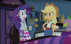 Size: 960x600 | Tagged: safe, screencap, applejack, rarity, spike, spike the regular dog, dog, equestria girls, legend of everfree, fall formal outfits, twilight ball dress