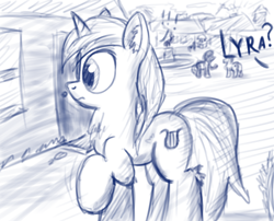 Size: 1980x1600 | Tagged: safe, artist:firelight_thunderlane, lyra heartstrings, pony, unicorn, monochrome, raised hoof, solo focus