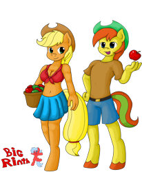 Size: 2700x3284 | Tagged: safe, artist:bigrinth, applejack, oc, oc:applejuice, anthro, unguligrade anthro, belly button, breasts, cleavage, female, front knot midriff, midriff