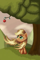 Size: 1200x1800 | Tagged: safe, artist:grennadder, applejack, earth pony, pony, apple, food, loose hair, missing accessory, solo, tree, windswept mane