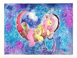 Size: 1200x914 | Tagged: safe, artist:kai-collects, discord, fluttershy, pegasus, pony, discoshy, female, male, shipping, straight