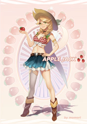 Size: 800x1132 | Tagged: safe, artist:momori68, applejack, human, apple, belly button, belt, boots, clothes, denim skirt, food, front knot midriff, garters, humanized, midriff, skirt, solo, stockings