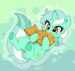 Size: 1500x1420 | Tagged: safe, artist:potetecyu_to, lyra heartstrings, fish, pony, unicorn, abstract background, cute, eating, female, food, lying, lyrabetes, mare, nom, on back, solo, taiyaki, underhoof