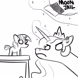 Size: 1650x1650 | Tagged: safe, artist:tjpones, princess celestia, twilight sparkle, alicorn, pony, unicorn, angry, celestia is not amused, female, glowing horn, lineart, looking at each other, monochrome, simple background, sketch, this will end in tears and/or a journey to the moon, to the moon, unamused, wide eyes