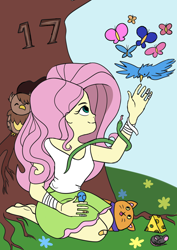 Size: 1024x1448 | Tagged: safe, artist:starrcoma, fluttershy, bird, butterfly, cat, mouse, owl, equestria girls, cheese, clothes, da scribble challenge, food, kneeling, looking up, smiling, solo