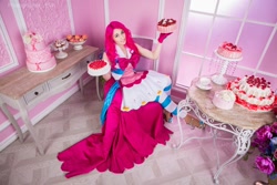 Size: 1600x1067 | Tagged: safe, artist:evange, pinkie pie, human, cake, clothes, cosplay, costume, dress, food, gala dress, humanized, irl, irl human, looking at you, photo, sitting, smiling, solo, table