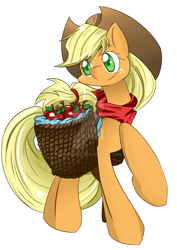 Size: 900x1273 | Tagged: safe, artist:fenriz278, applejack, earth pony, pony, anatomically incorrect, apple, bandana, basket, food, sidemouth, simple background, solo, watermark