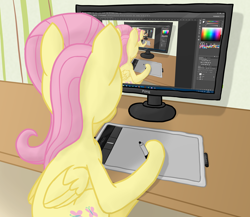 Size: 2860x2480 | Tagged: safe, artist:fluttershy_z, fluttershy, pegasus, pony, atg 2017, drawing, drawing tablet, droste effect, folded wings, graphics tablet, looking at something, monitor, newbie artist training grounds, recursion, sitting, solo, stylus, table