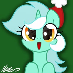 Size: 1250x1250 | Tagged: safe, artist:mimicproductions, lyra heartstrings, pony, unicorn, christmas, eye reflection, female, hat, holiday, looking at you, mare, reflection, santa claus, santa hat, smiling, solo