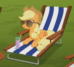 Size: 624x567 | Tagged: safe, screencap, applejack, earth pony, pony, the cart before the ponies, cup, juice, prone, solo, sunglasses