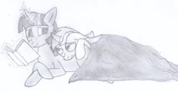 Size: 1218x630 | Tagged: safe, artist:jesterofdestiny, lyra heartstrings, twilight sparkle, bedroom eyes, black and white, blanket, book, crossed hooves, cuddling, female, grayscale, lesbian, levitation, looking at each other, lying down, magic, monochrome, reading, shipping, sleepy, smiling, snuggling, telekinesis, traditional art, twyra