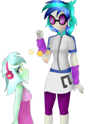 Size: 2176x3076 | Tagged: safe, artist:billcipherspuppet, dj pon-3, lyra heartstrings, vinyl scratch, equestria girls, clothes, headphones, hypnosis, hypnotized, leggings, pendulum swing, simple background, sunglasses, transparent background