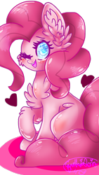 Size: 720x1280 | Tagged: safe, artist:xharmany18, pinkie pie, earth pony, pony, cheek fluff, chest fluff, ear fluff, one eye closed, raised hoof, simple background, sitting, solo, transparent background, wink